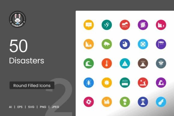 50 Disasters Flat Round Icons